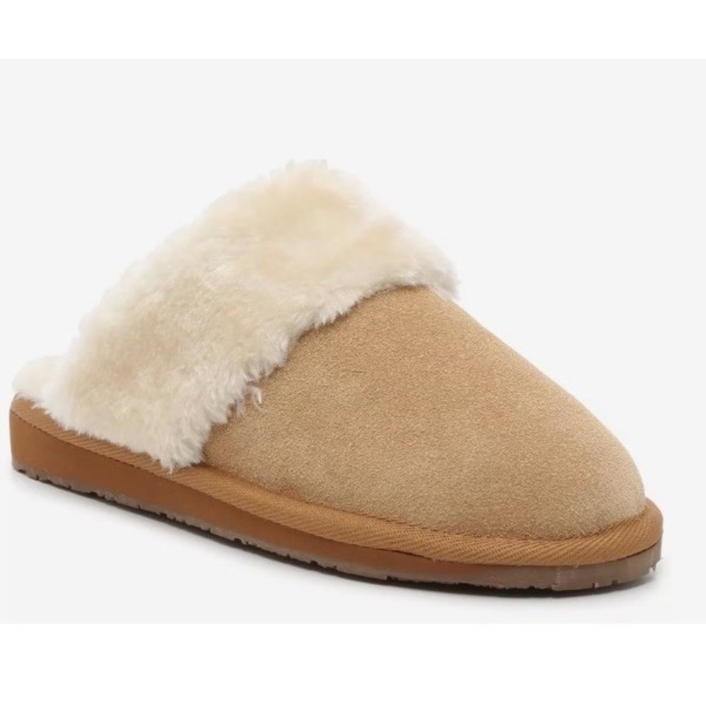 Minnetonka Carefree Scuff Tan Suede Faux Fur Trim Mules size 7 NEW Womens - Picture 3 of 11
